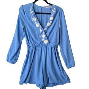 Mi Ami Blue Floral Embroidered Long Sleeve Romper V-Neck Cottage Boho Medium